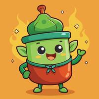 Colorful cartoon character with a green cap and joyful expression, standing against a vibrant orange background in a playful pose vector