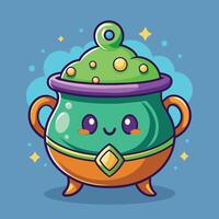 A cute and colorful cartoon cauldron with a smiling face and decorative lid against a cheerful blue background vector