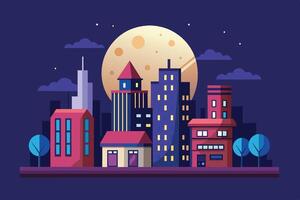 A vibrant evening cityscape with colorful buildings under a full moon, highlighting urban life and architecture in a modern design vector