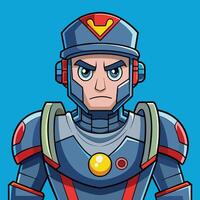 A cartoon-style robotic character with a determined expression on a bright blue background vector