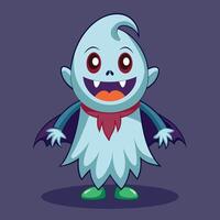 A cheerful cartoon ghost character with bright eyes and a playful smile, dressed in a black cape and standing against a dark background vector