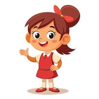 A cheerful young girl in a red dress with a bow who is happily gesturing and smiling in a playful cartoon style vector