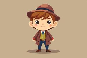 A cheerful young boy wearing a brown hat and a stylish coat stands confidently with a smile against a simple beige background vector