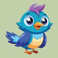A cheerful blue cartoon bird with vibrant feathers and an engaging expression perched against a soft green background in a playful pose vector