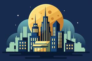 A vibrant city skyline illuminated by a large, glowing moon during the night, showcasing modern architecture and urban life vector