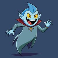 A mischievous blue-skinned character with sharp teeth and a flowing cape joyfully poses against a dark background vector