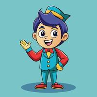 Cheerful cartoon character in a colorful outfit waving with a friendly expression against a bright blue background vector