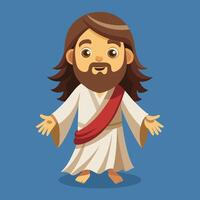 A cheerful cartoon depiction of a bearded man in flowing robes with outstretched arms on a bright blue background, symbolizing warmth and welcome vector