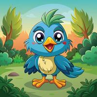 A cheerful blue bird stands in a lush green forest during sunset, showcasing vibrant colors and a joyful expression in a whimsical, animated style vector