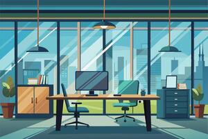 Modern office workspace with large windows, plants, and a computer setup, located in a city skyline environment during daytime vector