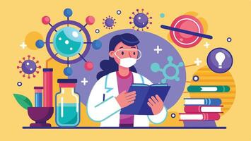 A scientist in a lab coat examines research notes surrounded by colorful molecular structures and laboratory equipment vector