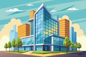 Modern architectural design featuring a glass building surrounded by urban skyscrapers and greenery in a sunny daytime setting vector
