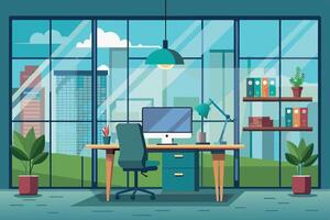 Modern office setup with desk, computer, and urban skyline view during a bright day vector