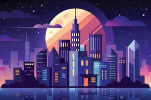 A vibrant city skyline illuminated by moonlight, showcasing modern architecture against a nighttime backdrop in colorful hues vector