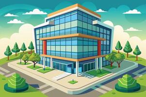 Modern multi-story office building with glass surrounded by trees vector