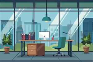Modern office with city skyline view featuring a desk, computer, and plants during daylight vector
