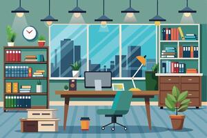 Modern office workspace with desk, computer, bookshelves, and city view during daylight vector
