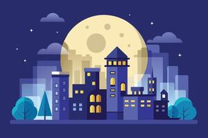 Nighttime cityscape with a large moon illuminating a modern skyline, featuring buildings, trees, and a starry sky vector