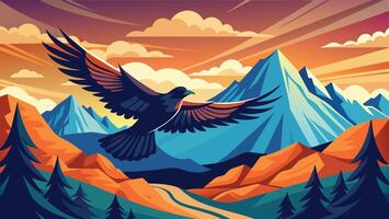 A majestic bird soaring over colorful mountains during sunset with vibrant clouds and pine trees in the foreground vector