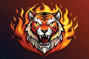 A fierce tiger head surrounded by flames showcasing power and intensity on a vibrant background vector