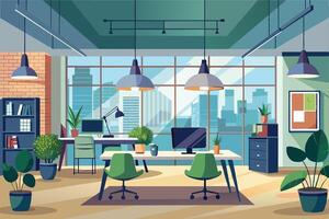 Modern office interior featuring large windows with city views and greenery, designed for productivity and comfort in a contemporary workspace vector
