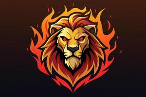 Fierce lion emblem surrounded by vibrant flames representing strength and power in a bold graphic design vector
