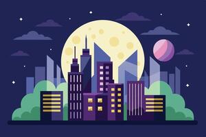 A vibrant city skyline under a full moon with bright buildings and clouds at night, featuring a large planet in the background vector
