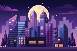 Urban skyline at night with a full moon illuminating tall buildings and silhouetted trees in a vibrant, colorful setting vector
