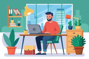 A man working on a laptop at a modern home office surrounded by plants and books in a bright urban setting during the day vector
