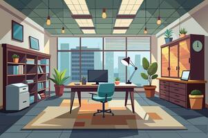 Modern office workspace with plants and city view during daylight hours, featuring a desk, shelving, and comfortable seating vector