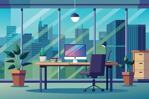 Modern office workspace featuring a computer and plants with a city skyline view during daylight hours vector