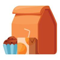 Packed lunch with muffin and orange juice in front of brown paper bag vector