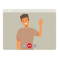 Smiling man waving during video call on computer screen vector