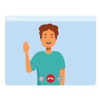 Young man waving hand during video call on computer screen vector