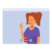 Smiling young woman waving during video call on computer screen vector