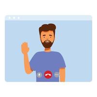 Man waving on video call interface with microphone and end call buttons vector