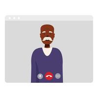 Senior black man having video call on computer screen vector