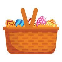 Wicker basket containing easter eggs with colorful patterns is standing on white background vector
