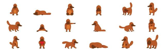 Duck-billed platypus icons set. Platypus character posing in different actions vector