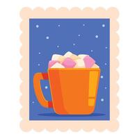Orange mug full of marshmallows with snowing background representing christmas time vector