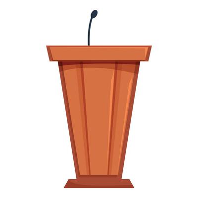 Wooden podium with microphone standing on stage for conference speech