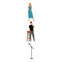 People singing or speaking using microphones standing near high stool and microphone stand vector