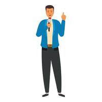 Confident public speaker holding microphone giving a presentation vector
