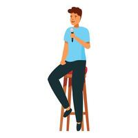 Young man sitting on a high chair is giving a speech using a microphone vector
