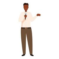 Confident public speaker holding microphone and gesturing with hand vector