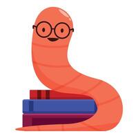 Smiling worm with glasses sitting on a stack of books vector