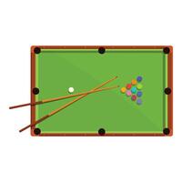 Top view of a green pool table with balls and cues ready for playing billiard game vector