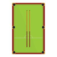 Top view of empty green pool table with two cues resting on surface vector