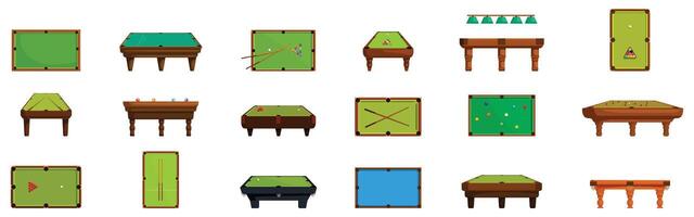 Snooker table icons set. Big set of billiard or snooker tables with green cloth in different positions showing top view and side view vector