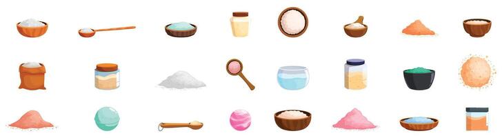 Spa sea salt icons set. Set of sea salt icons showing different types and uses of salt vector